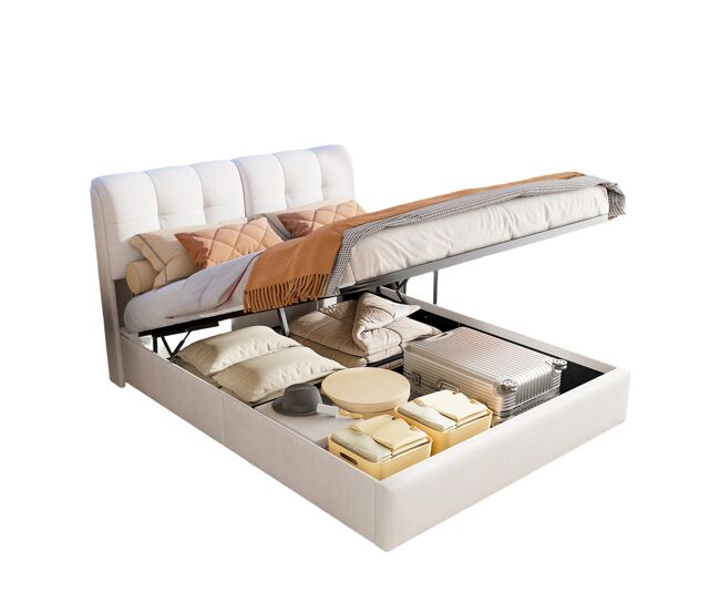 Cama de 160x200 cm con iluminación led, somier de láminas y compartimento de almacenamiento – terciopelo beige, cama doble