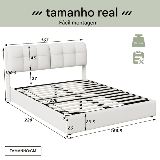 Cama 160x200 cm - LED - estrado e baú - veludo Bege - cama dupla