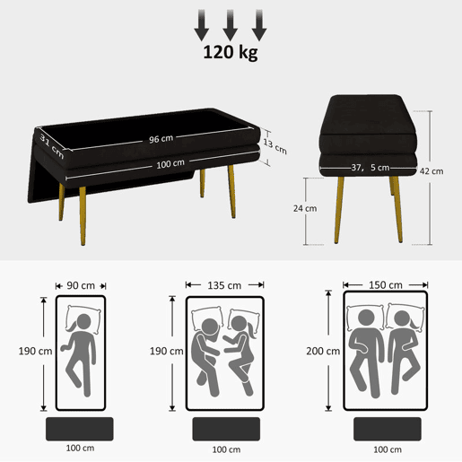 HOMCOM Pufe com Arrumação 39 L, Banco com Tampa Rebatível e Pés de Aço, Estofado em Veludo, para Quarto, Sala e Entrada, 120 kg, 100x37,5x42 cm, Preto HOMCOM Pufe com Arrumação 39 L, Banco com Tampa Rebatível e Pés de Aço, Estofado em Veludo, para Quarto, Sala e Entrada, 120 kg, 100x37,5x42 cm, Preto