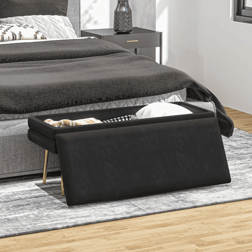 HOMCOM Pufe com Arrumação 39 L, Banco com Tampa Rebatível e Pés de Aço, Estofado em Veludo, para Quarto, Sala e Entrada, 120 kg, 100x37,5x42 cm, Preto HOMCOM Pufe com Arrumação 39 L, Banco com Tampa Rebatível e Pés de Aço, Estofado em Veludo, para Quarto, Sala e Entrada, 120 kg, 100x37,5x42 cm, Preto