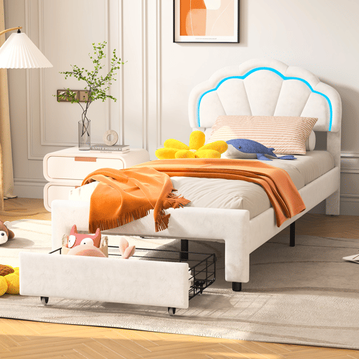Cama de solteiro estofada 90x200 cm com gavetas, veludo, faixa de luz LED - Branca