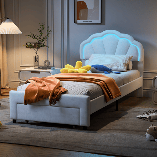 Cama de solteiro estofada 90x200 cm com gavetas, veludo, faixa de luz LED - Branca