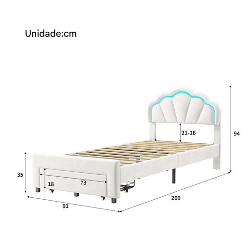 Cama de solteiro estofada 90x200 cm com gavetas, veludo, faixa de luz LED - Branca