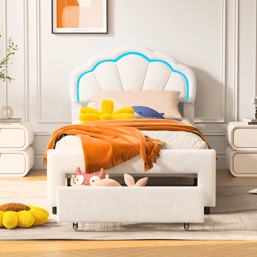 Cama de solteiro estofada 90x200 cm com gavetas, veludo, faixa de luz LED - Branca