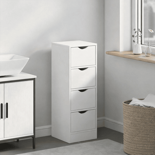 HOMCOM Armário Estreito de Casa de Banho com 4 Gavetas, Móvel Auxiliar com Puxadores Embutidos, 29x29x83 cm, Branco