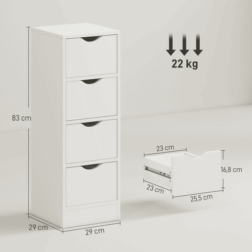 HOMCOM Armário Estreito de Casa de Banho com 4 Gavetas, Móvel Auxiliar com Puxadores Embutidos, 29x29x83 cm, Branco