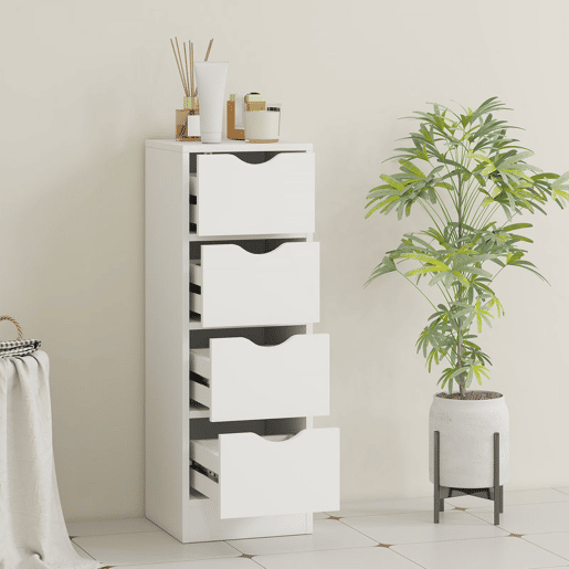 HOMCOM Armário Estreito de Casa de Banho com 4 Gavetas, Móvel Auxiliar com Puxadores Embutidos, 29x29x83 cm, Branco