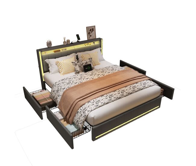 Cama doble con cabecero LED, USB y amplio almacenaje 148x203