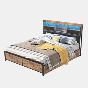 Cama de casal tamanho adulto 140x200cm, com iluminação LED e gavetas, estrutura de ferro com cabeceira e estrado de ripas, cor preta.