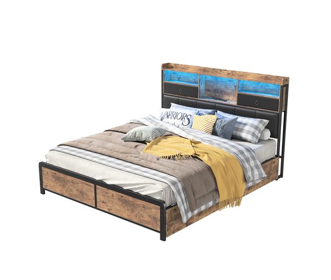 Cama doble para adultos de 140x200 cm, con luz led y cajones, de hierro con cabecero y somier de láminas, negra.