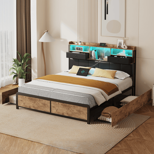 Cama de casal tamanho adulto 140x200cm, com iluminação LED e gavetas, estrutura de ferro com cabeceira e estrado de ripas, cor preta.