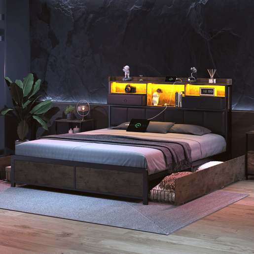Cama de casal tamanho adulto 140x200cm, com iluminação LED e gavetas, estrutura de ferro com cabeceira e estrado de ripas, cor preta.