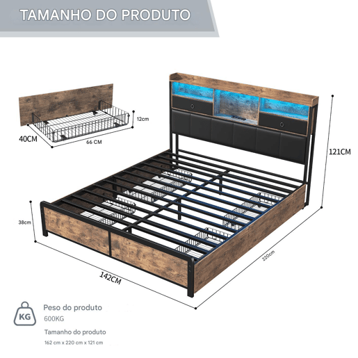 Cama de casal tamanho adulto 140x200cm, com iluminação LED e gavetas, estrutura de ferro com cabeceira e estrado de ripas, cor preta.