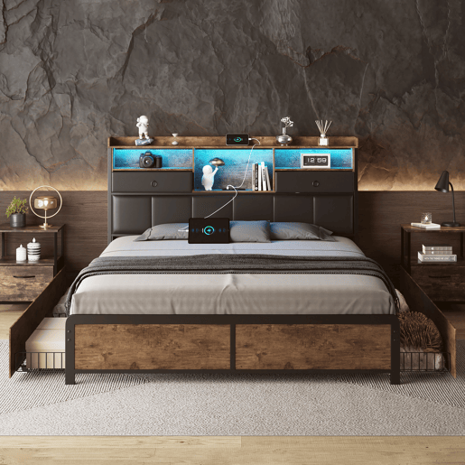 Cama de casal tamanho adulto 140x200cm, com iluminação LED e gavetas, estrutura de ferro com cabeceira e estrado de ripas, cor preta.