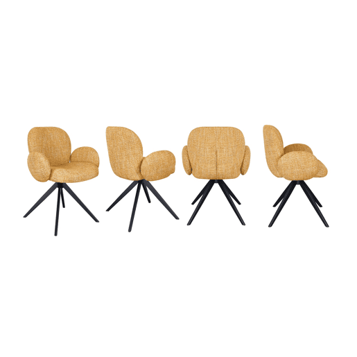 Conjunto de 4 poltronas estofadas em chenille cor mostarda salpicada e pés metálicos pretos Conjunto de 4 poltronas estofadas em chenille cor mostarda salpicada e pés metálicos pretos