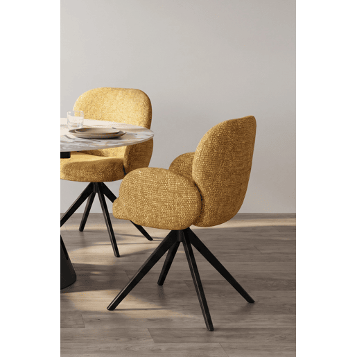 Conjunto de 4 poltronas estofadas em chenille cor mostarda salpicada e pés metálicos pretos Conjunto de 4 poltronas estofadas em chenille cor mostarda salpicada e pés metálicos pretos