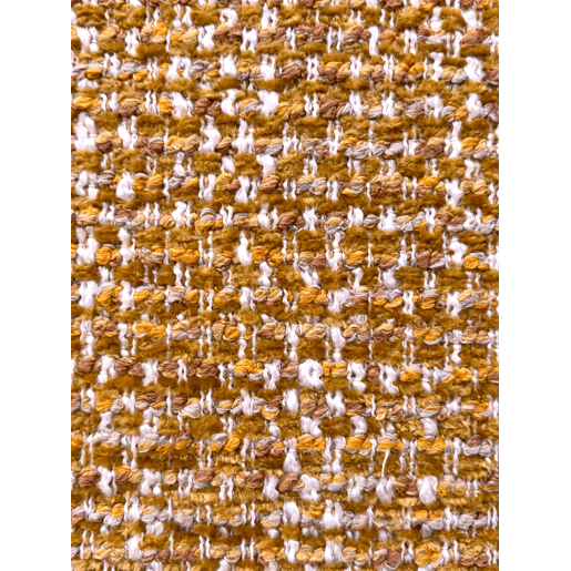 Conjunto de 4 poltronas estofadas em chenille cor mostarda salpicada e pés metálicos pretos Conjunto de 4 poltronas estofadas em chenille cor mostarda salpicada e pés metálicos pretos