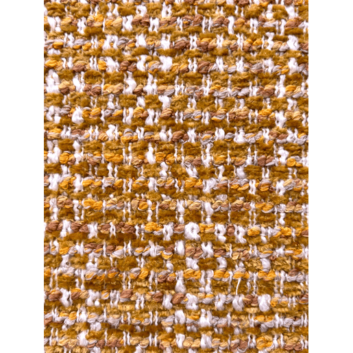 Conjunto de 4 poltronas estofadas em chenille cor mostarda salpicada e pés metálicos pretos Conjunto de 4 poltronas estofadas em chenille cor mostarda salpicada e pés metálicos pretos