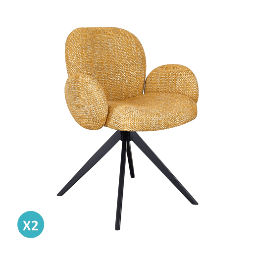 Conjunto de 4 poltronas estofadas em chenille cor mostarda salpicada e pés metálicos pretos Conjunto de 4 poltronas estofadas em chenille cor mostarda salpicada e pés metálicos pretos