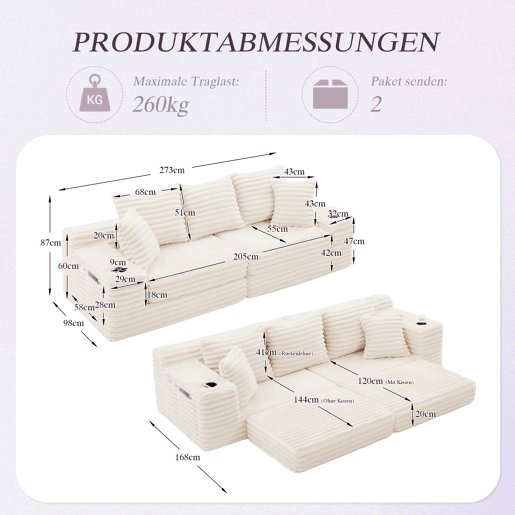 Sofá de 4 lugares - encosto alto, almofadas adicionais, bolsos laterais e porta-copos, convertível em cama, estofamento macio - Bege