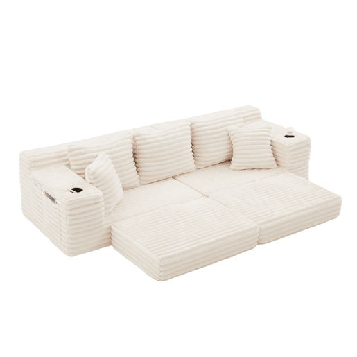 Sofá de 4 lugares - encosto alto, almofadas adicionais, bolsos laterais e porta-copos, convertível em cama, estofamento macio - Bege