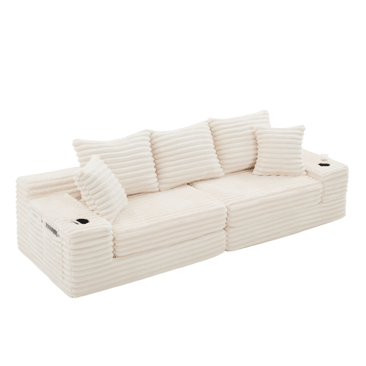 Sofá de 4 lugares - encosto alto, almofadas adicionais, bolsos laterais e porta-copos, convertível em cama, estofamento macio - Bege