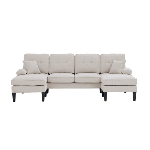 Sofá em U para 4 pessoas - Linho macio, chaise longues duplas, almofadas decorativas - Bege Sofá em U para 4 pessoas - Linho macio, chaise longues duplas, almofadas decorativas - Bege