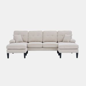 Sofá em U para 4 pessoas - Linho macio, chaise longues duplas, almofadas decorativas - Bege