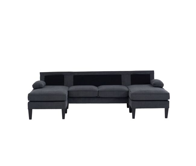 Sofá en u 4 plazas - lino suave, chaise-longues dobles, cojines decorativos - gris oscuro