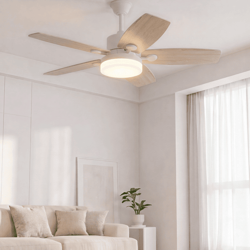 Ventilador teto 42 polegadas luz, 5 pás madeira natural, haste regulável motor DC silencioso Ventilador teto 42 polegadas luz, 5 pás madeira natural, haste regulável motor DC silencioso
