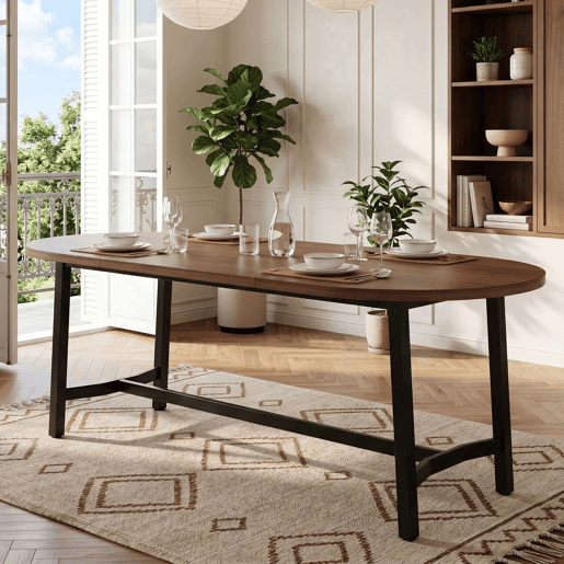 Mesa de jantar 180 x 80 x 75 cm u2014 cantos arredondados, estilo simples, pernas de ferro, para 6 a 8 pessoas u2014 cor de nogueira Mesa de jantar 180 x 80 x 75 cm u2014 cantos arredondados, estilo simples, pernas de ferro, para 6 a 8 pessoas u2014 cor de nogueira