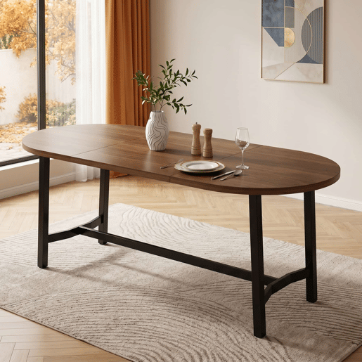 Mesa de jantar 180 x 80 x 75 cm u2014 cantos arredondados, estilo simples, pernas de ferro, para 6 a 8 pessoas u2014 cor de nogueira Mesa de jantar 180 x 80 x 75 cm u2014 cantos arredondados, estilo simples, pernas de ferro, para 6 a 8 pessoas u2014 cor de nogueira