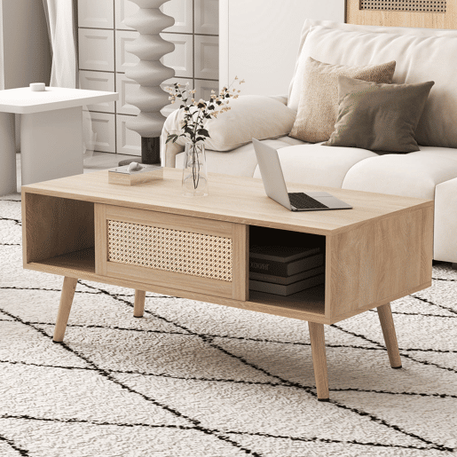 Mesa de centro em vime H40xL105xP55 cm - com portas de correr, pés em madeira maciça, estilo moderno - cor natural Mesa de centro em vime H40xL105xP55 cm - com portas de correr, pés em madeira maciça, estilo moderno - cor natural