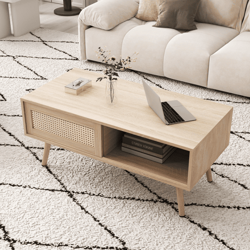 Mesa de centro em vime H40xL105xP55 cm - com portas de correr, pés em madeira maciça, estilo moderno - cor natural Mesa de centro em vime H40xL105xP55 cm - com portas de correr, pés em madeira maciça, estilo moderno - cor natural