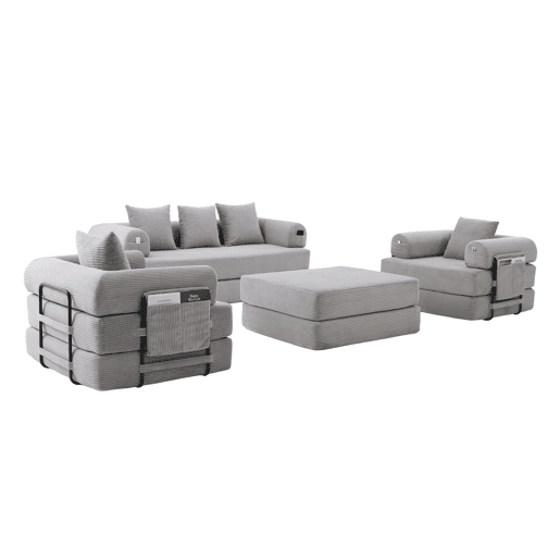 Sofá modular de 4 lugares u2013 inclui pufe, estrutura metálica, 4 almofadas, arrumação lateral u2013 cor cinzenta clara Sofá modular de 4 lugares u2013 inclui pufe, estrutura metálica, 4 almofadas, arrumação lateral u2013 cor cinzenta clara
