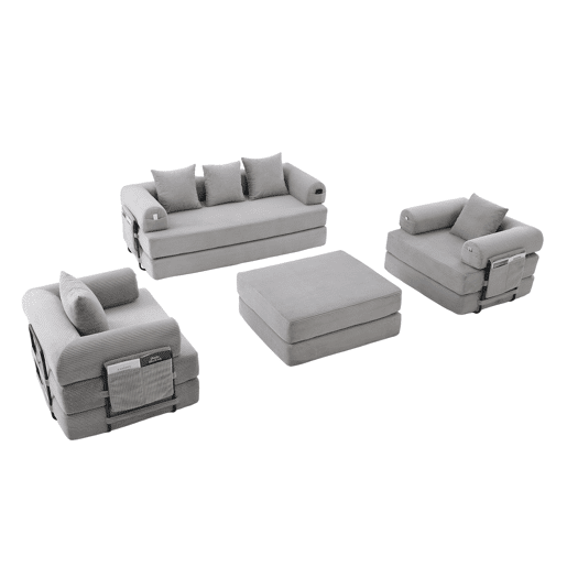Sofá modular de 4 lugares u2013 inclui pufe, estrutura metálica, 4 almofadas, arrumação lateral u2013 cor cinzenta clara Sofá modular de 4 lugares u2013 inclui pufe, estrutura metálica, 4 almofadas, arrumação lateral u2013 cor cinzenta clara