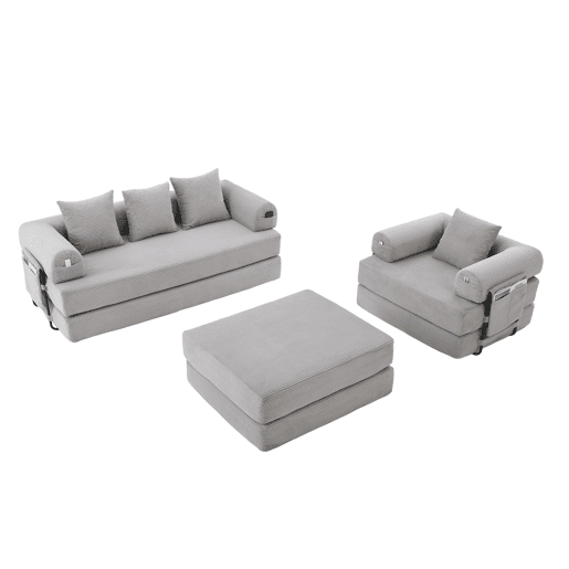 Sofá modular de 4 lugares u2013 inclui pufe, estrutura metálica, 4 almofadas, arrumação lateral u2013 cor cinzenta clara Sofá modular de 4 lugares u2013 inclui pufe, estrutura metálica, 4 almofadas, arrumação lateral u2013 cor cinzenta clara