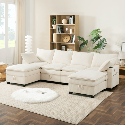 Sofá moderno em L para 6 pessoas - Veludo cotelê, com USB, apoio para os pés, arrumação e porta-copos - Bege