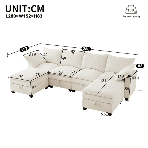 Sofá moderno em L para 6 pessoas - Veludo cotelê, com USB, apoio para os pés, arrumação e porta-copos - Bege
