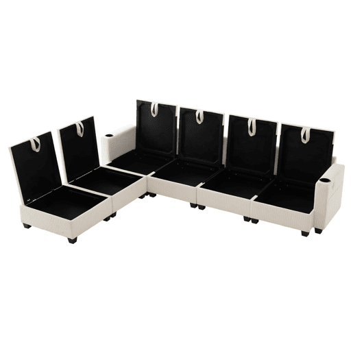 Sofá moderno em L para 6 pessoas - Veludo cotelê, com USB, apoio para os pés, arrumação e porta-copos - Bege