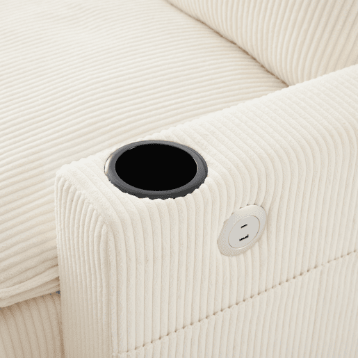 Sofá moderno em L para 6 pessoas - Veludo cotelê, com USB, apoio para os pés, arrumação e porta-copos - Bege