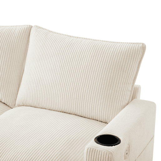 Sofá moderno em L para 6 pessoas - Veludo cotelê, com USB, apoio para os pés, arrumação e porta-copos - Bege