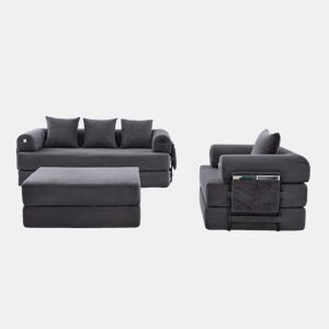 Sofá modular de 4 lugares - Cordão, com estrutura metálica e 4 almofadas - Cinza escuro