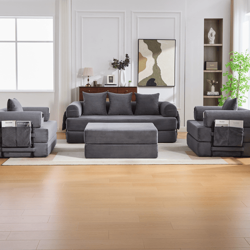 Sofá modular de 4 lugares - Cordão, com estrutura metálica e 4 almofadas - Cinza escuro