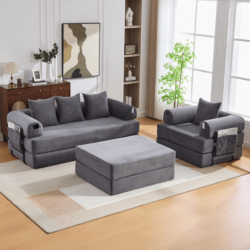 Sofá modular de 4 lugares - Cordão, com estrutura metálica e 4 almofadas - Cinza escuro