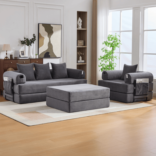 Sofá modular de 4 lugares - Cordão, com estrutura metálica e 4 almofadas - Cinza escuro