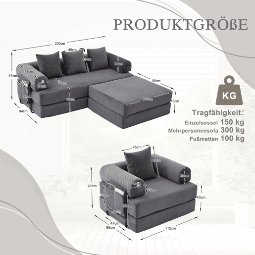 Sofá modular de 4 lugares - Cordão, com estrutura metálica e 4 almofadas - Cinza escuro