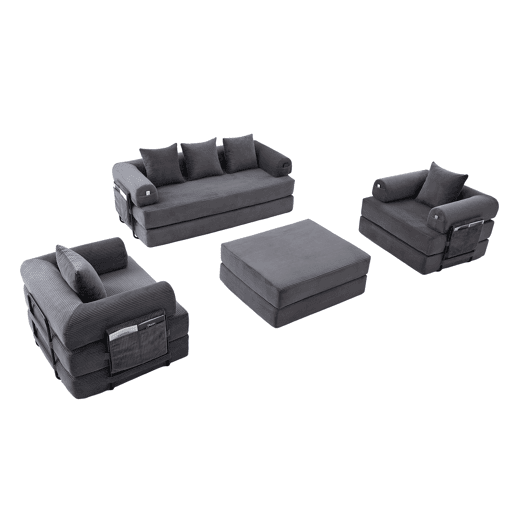 Sofá modular de 4 lugares - Cordão, com estrutura metálica e 4 almofadas - Cinza escuro