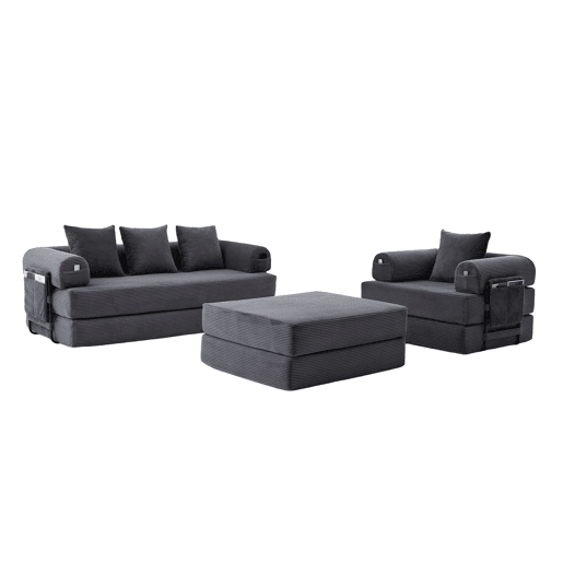 Sofá modular de 4 lugares - Cordão, com estrutura metálica e 4 almofadas - Cinza escuro