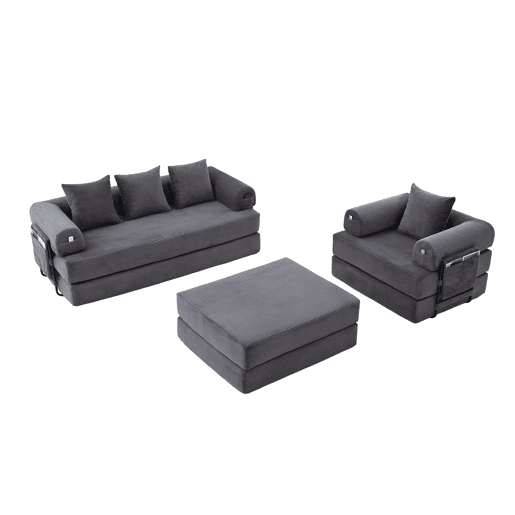 Sofá modular de 4 lugares - Cordão, com estrutura metálica e 4 almofadas - Cinza escuro